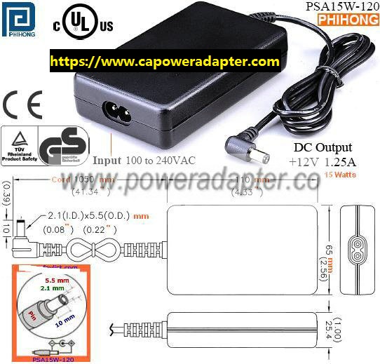 PHIHONG PSA15W-120 AC ADAPTER 12V DC 1.25A 91-59026 Power Supply